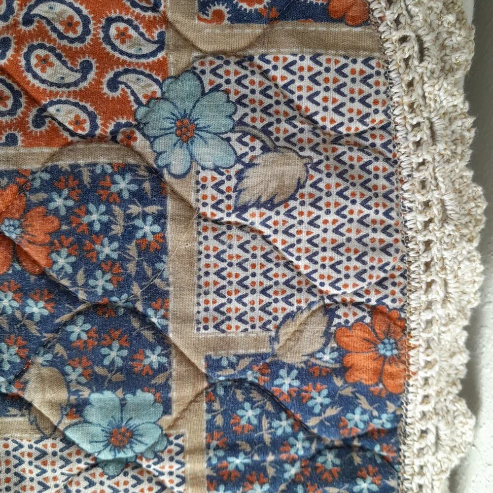 2/$20 Handmade Vintage Patchwork Placemats 19", Blue Orange Floral, Crochet Trim - Picture 5 of 5
